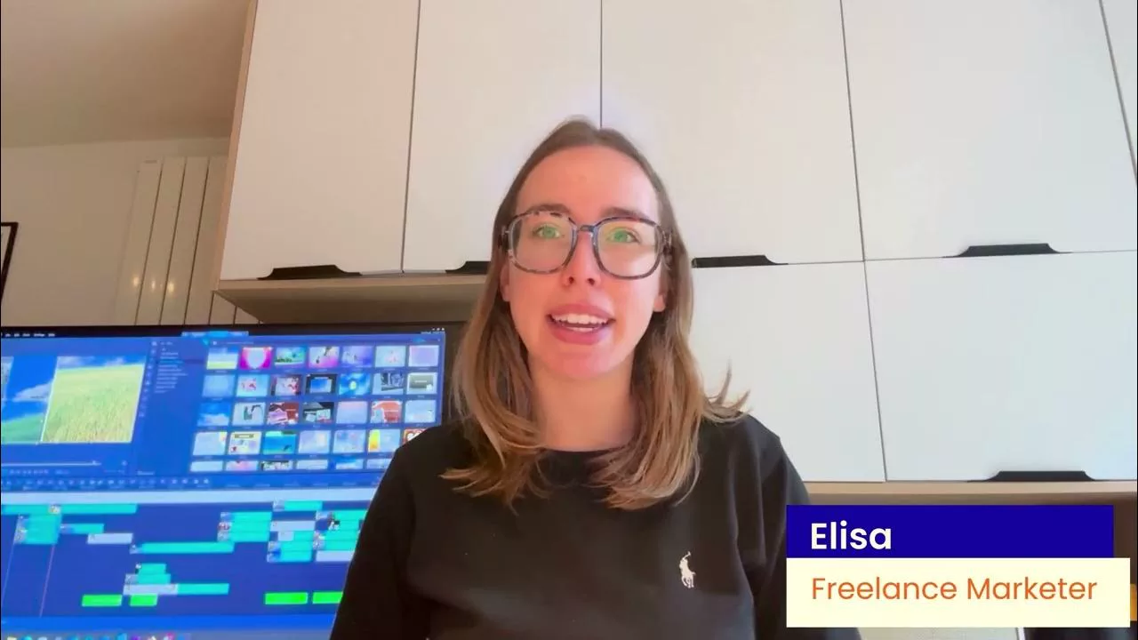 Elisa, freelance video marketer, recording a video review at an editing desk
