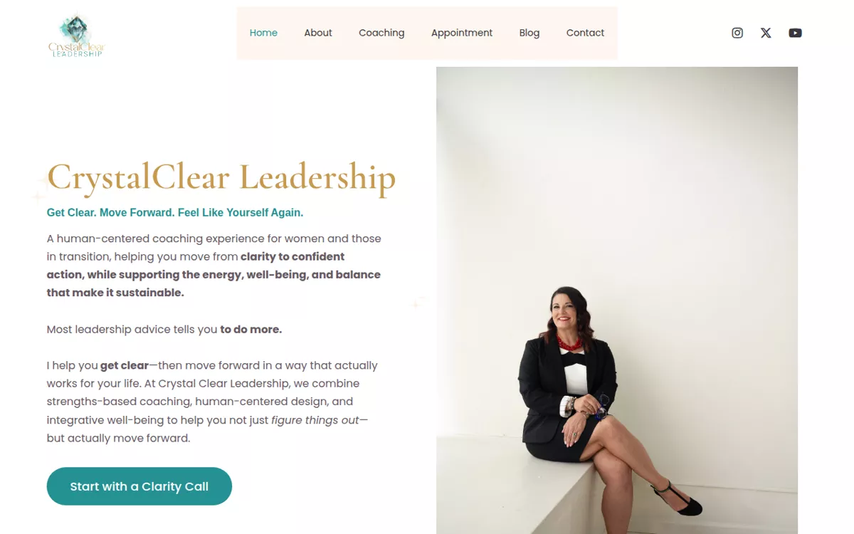 CrystalClear Leadership website, designed and built by TK WebHosts