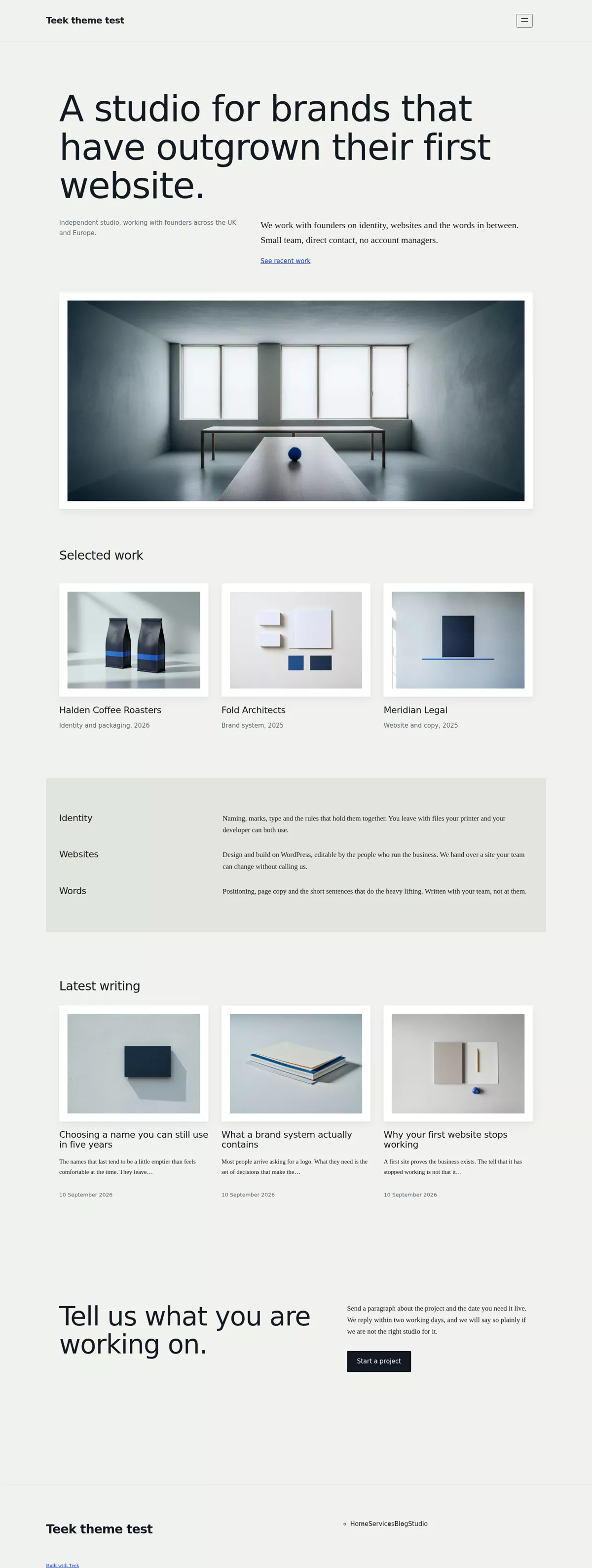 The complete Teek home page from top to bottom: hero headline, wide photograph, services in alternating rows, a three-column latest-posts grid and the contact close.