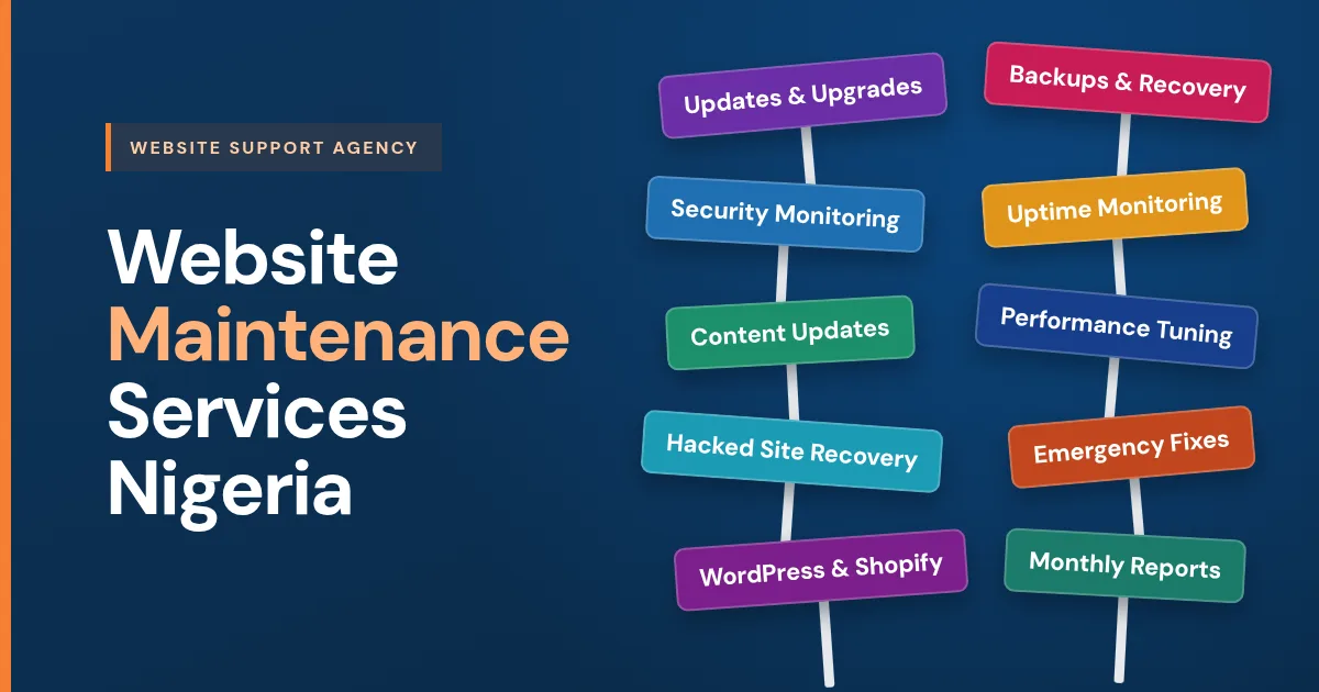 Website maintenance services Nigeria: updates and upgrades, backups and recovery, security and uptime monitoring, content updates and emergency fixes