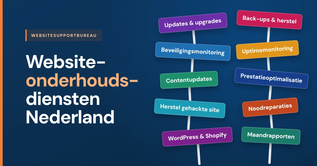 Websiteonderhoudsdiensten Nederland: updates en upgrades, back-ups en herstel, beveiligings- en uptimemonitoring, contentupdates en noodreparaties