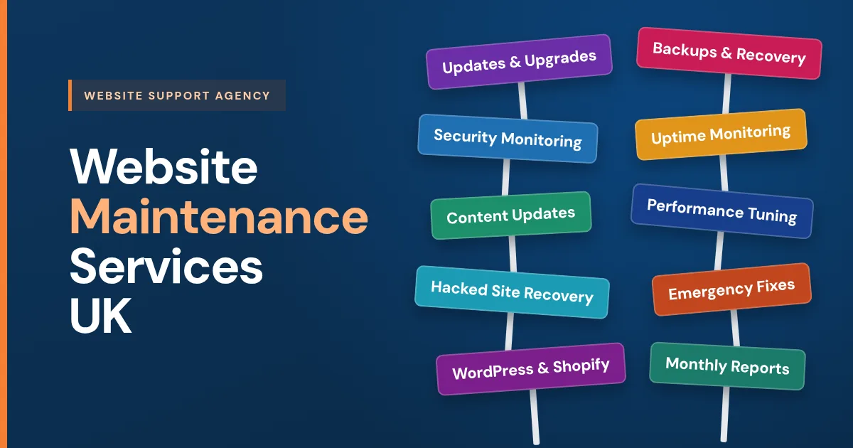 Website maintenance services UK: updates and upgrades, backups and recovery, security and uptime monitoring, content updates and emergency fixes